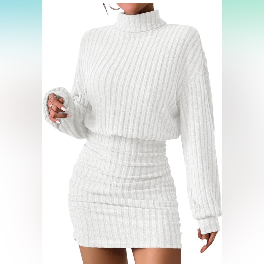 White Ribbed Knit Sweater Dress S